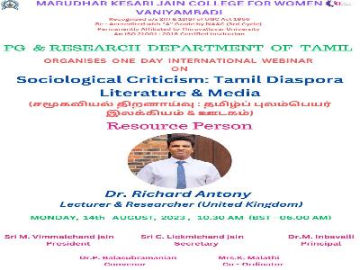Department of Tamil - one day International Webinar on Sociological Criticism : Tamil Diaspora Literature & Media -  14.08.2023.