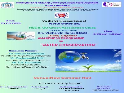 National Service Scheme and Go Green Association Clubs  in Association  With Our Vidhaiyin Kural (NGO) - Awareness Programme on Water Conservation - 23.03.2023