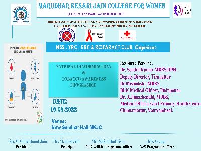 NSS,YRC,RRC & Rotaract Club - National Deworming Day and Tobacco Awareness Programme on 16.9.2022